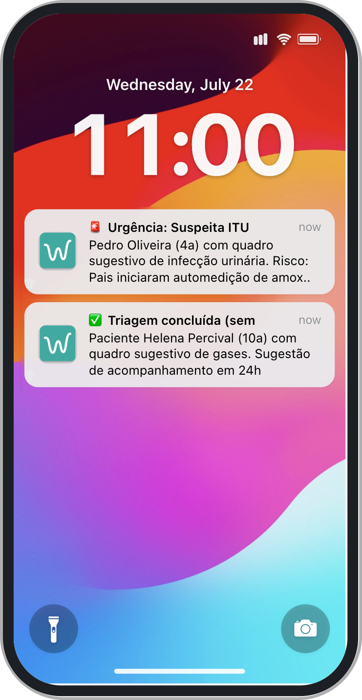 Tela de celular mostrando duas notificações do MediWhats: triagem de cólica e triagem alerta de intenção de automedição